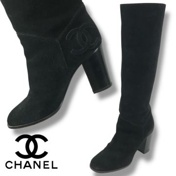 f52 CHANEL シャネル ココマーク スエードレザー ロングブーツ ブラック チャンキーヒール 36.5c イタリア製 レディース シューズ 洗濯物