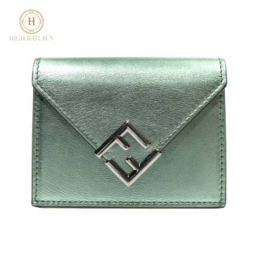 1円スタート 極美品 FENDI フェンディ FF ダイヤモンド 三つ折り財布 8M0480 シルバー金具 コンパクト ミニ財布 レザー メタリックグリーン