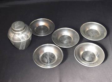 M 浅田錫器 錫製 茶托 五客 茶壺 煎茶道具 錫器 茶器 茶具 托子 茶托 まとめ　重量 888ｇ 煎茶道具 茶道具　