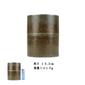【KEI】唐物 古錫 大型 筒形 茶壺 茶入 在銘 高さ13.2㎝ 重量1413g （ 斑紋 中蓋 ）　 M119