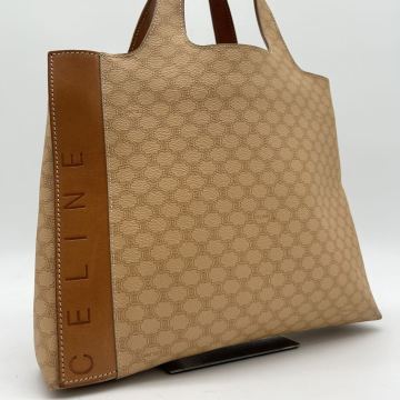 1円 ◆美品◆ CELINE セリーヌ ハンドバッグ トートバッグ マカダム柄 PVCレザー ロゴ型押し ベージュ メンズ レディース イタリア製
