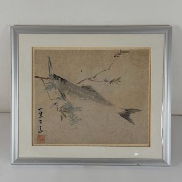 CBW-中国古美術 時代物 絵画 額装 額入 模写 紙本 魚図 中国画 水墨画 「王素」