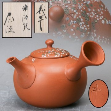 【SAG】近藤義翠 朱泥雪柳文 茶注 常滑焼 共箱 栞 本物保証
