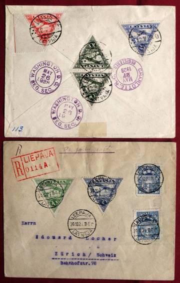 【外国クラシック!!】(38) 2通ロット ラトビア航空切手貼りエンタ 1921年2種完貼り瑞西宛書留航空便、1928年3種完貼り米宛書留便 美封