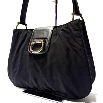 希少●CELINE セリーヌ ガンチーニ 金具 ロゴ ワンショルダーバッグ ナイロン レザー 黒 ブラック フラップ ショルダーバッグ