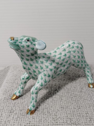 美品 Herend /ヘレンド フィギュリン 干支シリーズ 丑 高さ 約6.5cm グリーン 鱗模様 陶器オブジェ 箱無し