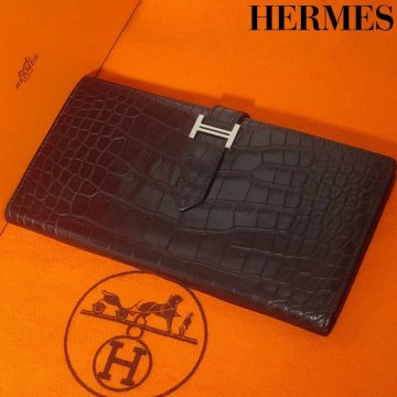 定価130万円超【極美品・唯一無二】HERMES エルメス ベアンスフレ アリゲーター 長財布 ブラック クロコダイル H金具 センター取り クロコ