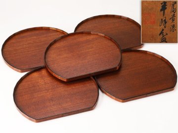 【流】木製漆器 富貴漆 木地半月盆五客 共箱 UE515