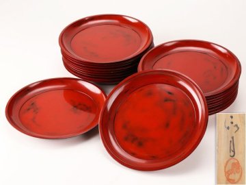 【流】木製漆器 根来塗 八寸盆二十客 共箱 LD175