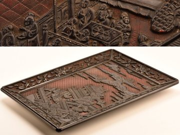 【流】中国美術 堆黒 楼閣山水彫長方盆 箱付 UE583