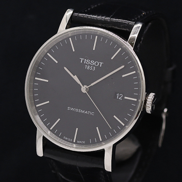 1円 稼働 良品 箱付 ティソ エブリタイム スイスマティック T109.407.16.051.00 SS 手巻き ブラック文字盤 メンズ腕時計 2011000 1MGY KMT