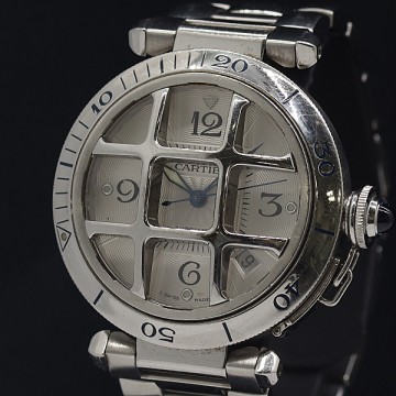 1円 稼働 カルティエ パシャ コンベックスグリッド W31059H3 2379 AT/自動巻 ホワイト文字盤 メンズ腕時計 0007920 10RKT SMZ