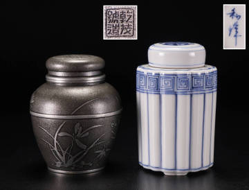 茶の器特集◆乾茂号造 平安和峰 錫茶心壷 染付茶入 二点◆在銘 煎茶道具 茶器 古美術 うぶ買取品 旧家蔵出し　NS1805