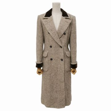 TJ9105☆イヴサンローラン YVES SAINT LAURENT ヴィンテージ ヘリンボーン ロングコート ダブルブレスト ベロア襟 ブラウン系 Mサイズ