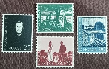 ノルウェー　1963 ムンク生誕100年　4完 画家（代表作ムンクの叫び）版画　美術　芸術　アート　未使用糊あり