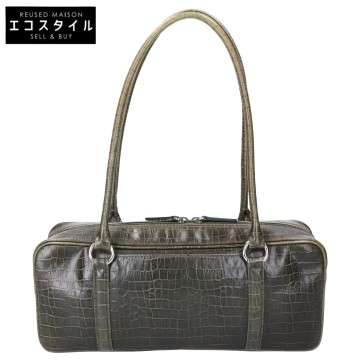 【1円】HAMANO ハマノ レジェクロコ型押し サイド ボストンバッグ ダークグリーン レディース