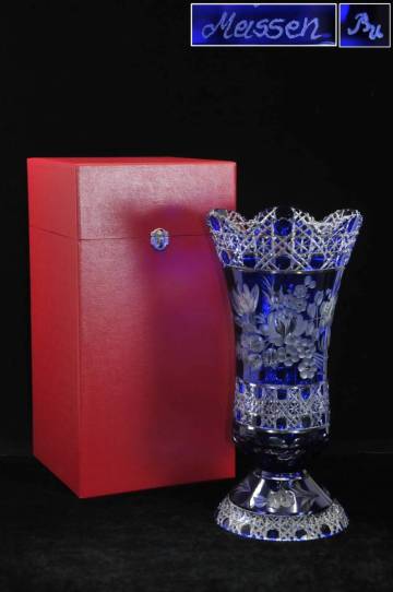 マイセン　Meissen　クリスタルフラワーベース　ブルー　カットガラス　高さ：41cm　花瓶　専用ケース　03112039-2