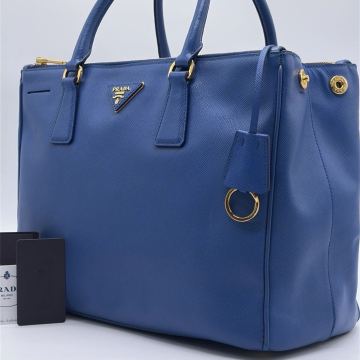 極美品 PRADA ガレリア プラダ ギャランティ付き ブルー トートバッグ ビジネス サフィアーノ ハンドバッグ レザー A4 三角ロゴ メンズ