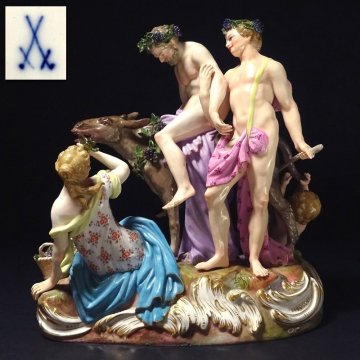 慶應◆19-20世紀初頭頃【Meissen オールドマイセン】1760年マイヤー原型 総手描き磁器人形 神話シリーズ『Drunken Silenus Group.2724』