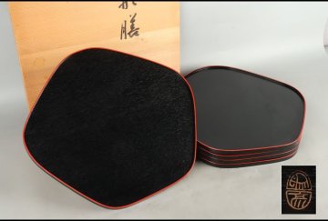 [URA]平安象彦/梅形膳5客/共箱/10-1-49　(検索)骨董/盛皿/大皿/丸盆/会席膳/お盆/懐石膳/トレイ/膳/懐石道具/本漆器