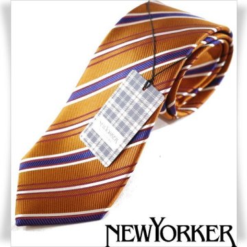 新品1円～★定価1.1万 NEWYORKER ニューヨーカー シルク絹100%ネクタイ 織柄 ストライプ オレンジ 正規店本物 ◆4517◆