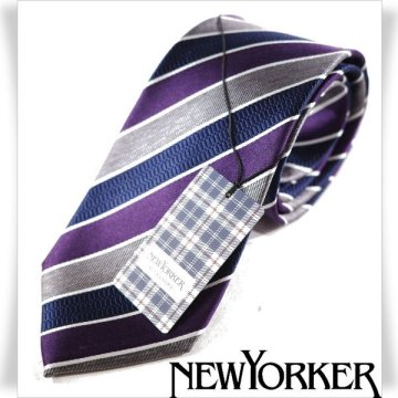 新品1円～★定価1.1万 NEWYORKER ニューヨーカー シルク絹100%ネクタイ 織柄 ストライプ グレー ネイビー 正規店本物 ◆4519◆