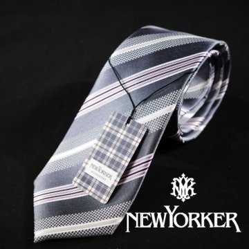 新品1円～★定価1.1万 NEWYORKER ニューヨーカー シルク絹100%ネクタイ 織柄 ストライプ グレー 正規店本物 ◆4592◆