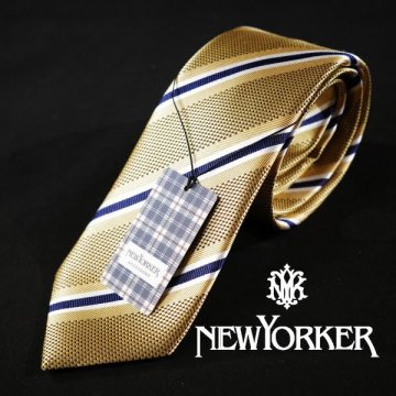 新品1円～★定価1.1万 NEWYORKER ニューヨーカー シルク絹100%ネクタイ 織柄 ストライプ イエロー 正規店本物 ◆4590◆