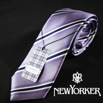 新品1円～★定価1.1万 NEWYORKER ニューヨーカー シルク絹100%ネクタイ 織柄 ストライプ パープル 正規店本物 ◆4589◆