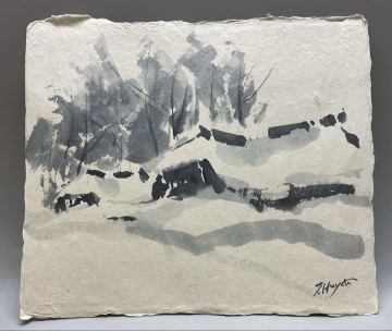 T 【真作】 早津 剛 草川の家 絵画 水墨画 直筆サイン