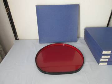 【尺一　半月盆】黒内朱　５客揃い　懐石膳　会席膳　懐石道具　未使用品　茶道具　漆器