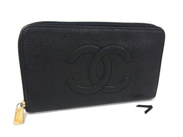 1円 CHANEL シャネル ココマーク キャビアスキン ラウンドファスナー 長財布 ウォレット 小銭入れ 札入れ カード入れ ブラック系 FX0564