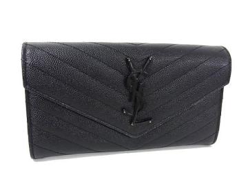1円 YVESSAINTLAURENT イヴサンローラン Vステッチ カサンドラ レザー 二つ折り 長財布 ウォレット 小銭入れ 札入れ ブラック系 FX0554