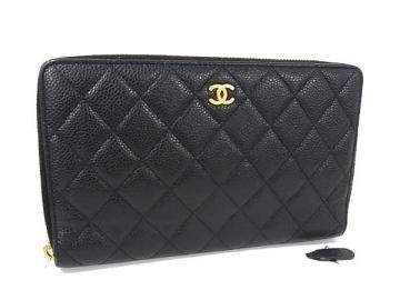 1円 CHANEL シャネル ココマーク マトラッセ キャビアスキン ラウンドファスナー 長財布 ウォレット 小銭入れ 札入れ ブラック系 FX0559
