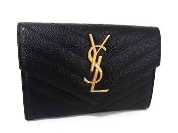 1円 ■美品■ YVESSAINTLAURENT イヴサンローラン Vステッチ カサンドラ レザー 二つ折り 財布 ウォレット 小銭入れ ブラック系 FX0553