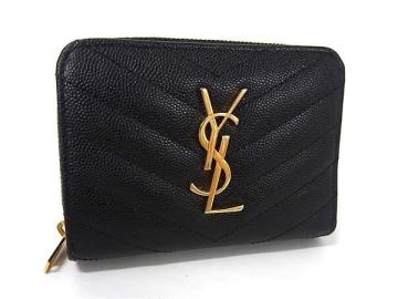 1円 YVESSAINTLAURENT イヴサンローラン Vステッチ カサンドラ レザー 二つ折り 財布 ウォレット 小銭入れ 札入れ ブラック系 FX0552