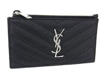 1円 ■美品■ YVESSAINTLAURENT イヴサンローラン Vステッチ カサンドラ レザー フラグメントケース コインパース ブラック系 FX0567
