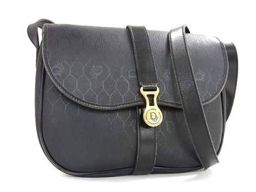 1円 ChristianDior クリスチャンディオール ヴィンテージ ハニカム柄 PVC クロスボディ 斜め掛け レディース ブラック系 FV6843