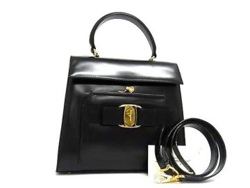 1円 ■美品■ Salvatore Ferragamo フェラガモ ヴァラリボン PVC 2WAY クロスボディ ハンドバッグ ショルダー 斜め掛け ブラック系 FV6918