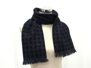 1円 ■美品■ FENDI フェンディ ウール100％ ロゴ柄 フリンジ マフラー ストール ショール 防寒具 メンズ ネイビー系&times;グレー系 FV7070