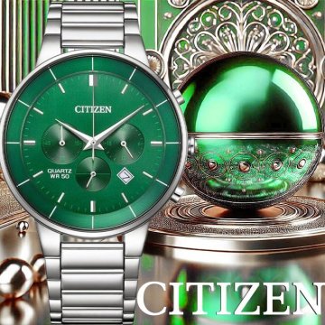 新品1円 シチズン メーカー3年保証 逆輸入クロノグラフ 鮮やかなエメラルドグリーン CITIZEN 腕時計 50m防水 メンズ 本物 激レア日本未発売