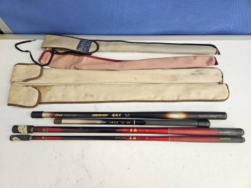 OLYMPIC 春嶺 ハエ 45 63 CENTURY 小継渓流 36 EX 宇崎日新 瑠璃渓 硬調440 NISSIN 渓流竿 竿袋 へら竿 釣り竿 4点まとめ 現状品