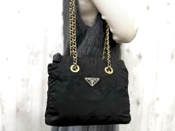 美品 PRADA プラダ テスート キルティング ゴールドチェーン ショルダーバッグ バッグ ナイロン&times;サフィアーノレザー 黒 94368Y