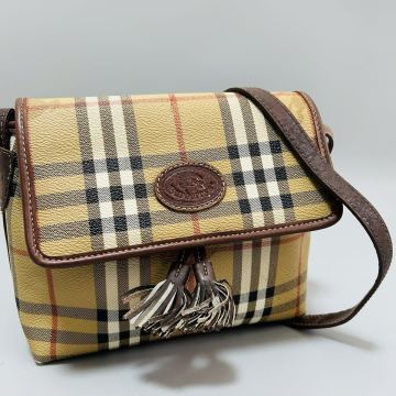 1円 Burberry バーバリー ショルダーバッグ ノバチェック タッセル PVCキャンバス 茶 ブラウン 正規品本物