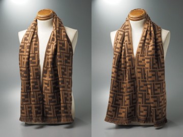 TJ9068//イタリア製*フェンディ/FENDI*ズッカ柄/ダブルF/リバーシブル/ウールマフラー/ストール/茶/ブラウン