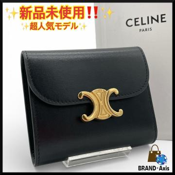 ★【新品未使用】セリーヌ CELINE 三つ折り財布 トリオンフ スモール フラップウォレット シャイニーカーフスキン ブラック レディース★