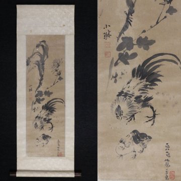 【LIG】朝鮮 画院画家 趙錫晋 小琳 親子鶏 掛軸 紙本 水墨画 花鳥図 時代古画 2601117