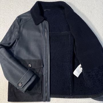 希少 超美品 メンズXL相当/Salvatore Ferragamo リアルムートン ライダースジャケット 羊革 ラムレザー キルティング ボア ネイビー 切替