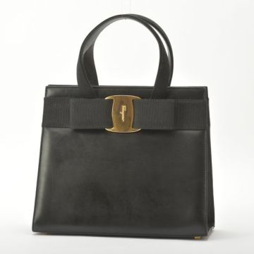 1円～ サルヴァトーレ フェラガモ ヴァラ リボン ハンドバッグ オールレザー ブラック 4178 Salvatore Ferragamo 鞄 /071211-19/a.a