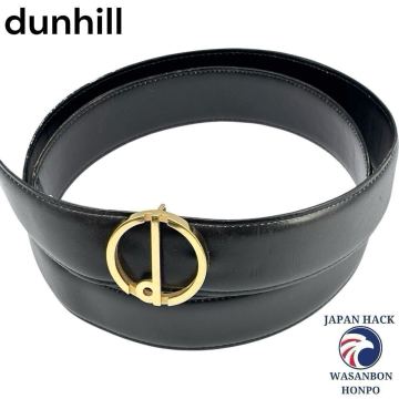 ￥1〜 dunhill メンズ レザー ベルト ブラック ゴールド バックル ロゴ金具 38/95 約121.5&times;3.5㎝ 紳士 ビジネス 会社員